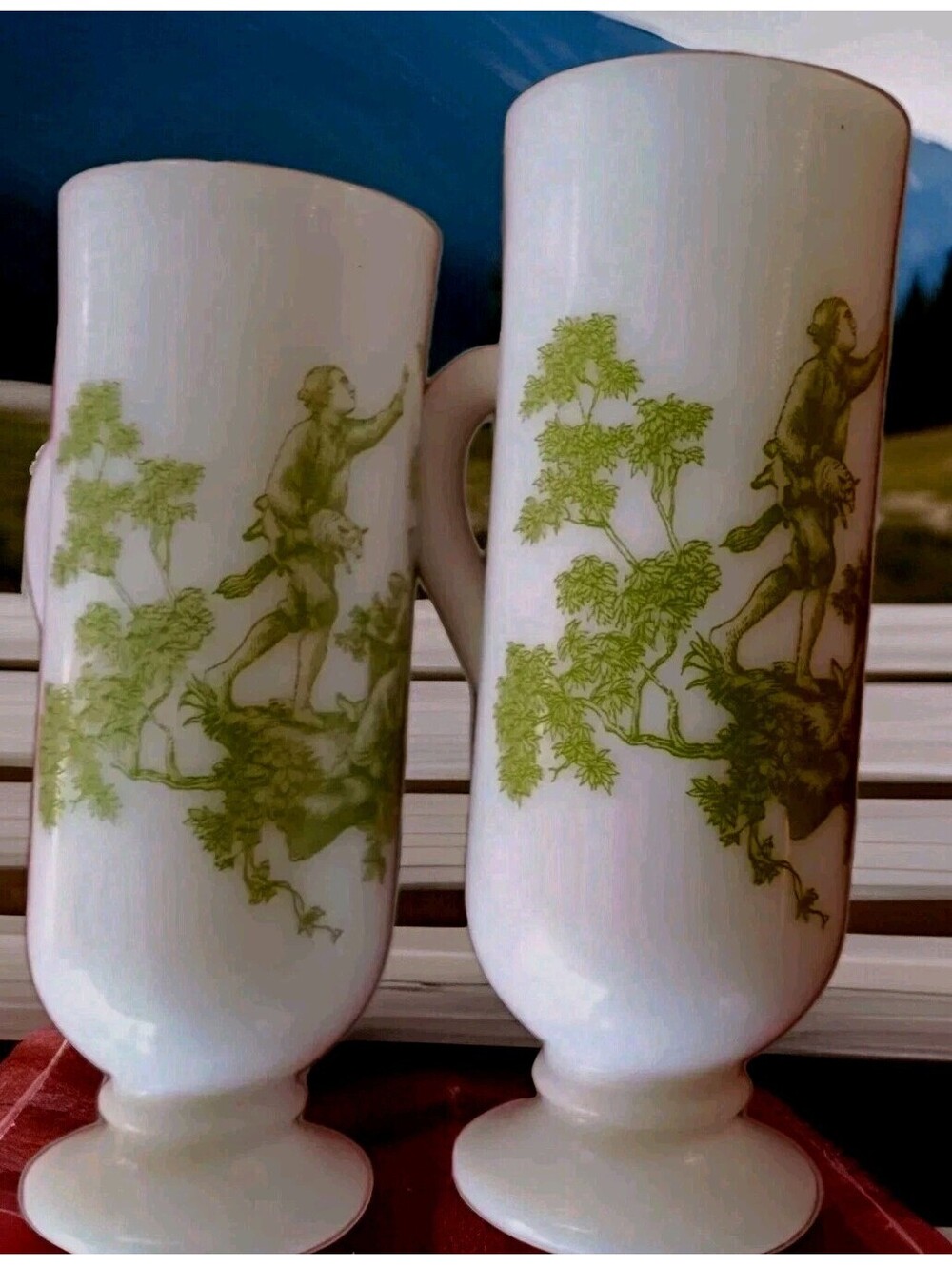 Vintage Footed Coffee Cup Set of 2 Demitasse Irish Coffee Green & White 5x1.5"